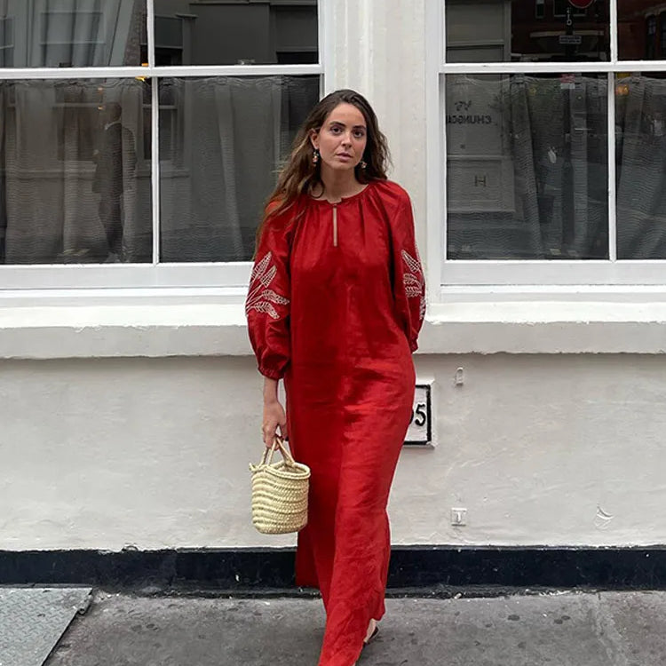 Fashion Linen Printed Women's Slit Maxi Dress Casual Loose V Neck Long Cuff Sleeves Vestidos Spring Lady Vacation Chic Robe Red