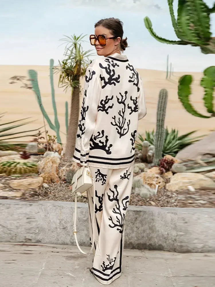 Elegant Women Print Loose Shirt Pants 2 Pieces Set Chic Lapel V Neck Long Sleeve Blouse Straight Pant Suit Casual Lady Outfits