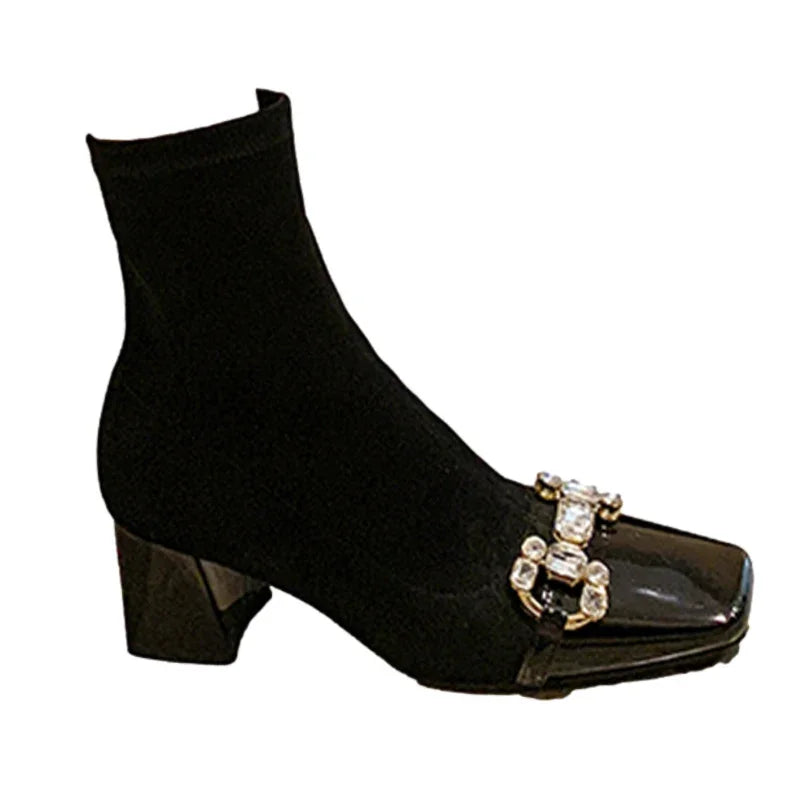 Women Suede Crystal Ankle Chelsea Boots High Heels Shoes Chunky Motorcycle Boots Square Toe Goth Snow Botas Pumps