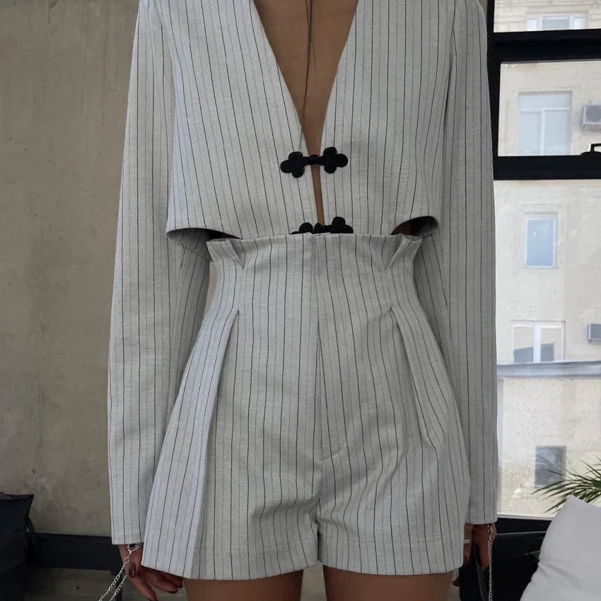 Clacive Fashion Stripe Print 2 Piece Sets Women Elegant Slim Long Sleeve Irregular Top With High Waist Shorts Set Streetwear