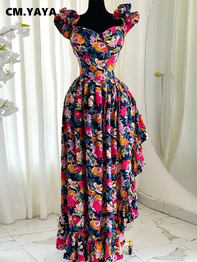 CM.YAYA Women Ruffles Strapless Floral Print Long Irregular Dress Holiday Sweet Birthday Evening Sexy Party Dresses Vestidos
