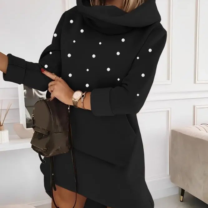 Elegant Dresses for Women Beaded Hooded Casual Sweatshirt Dress Autumn Winter Spring Fashion Casual Female Clothing