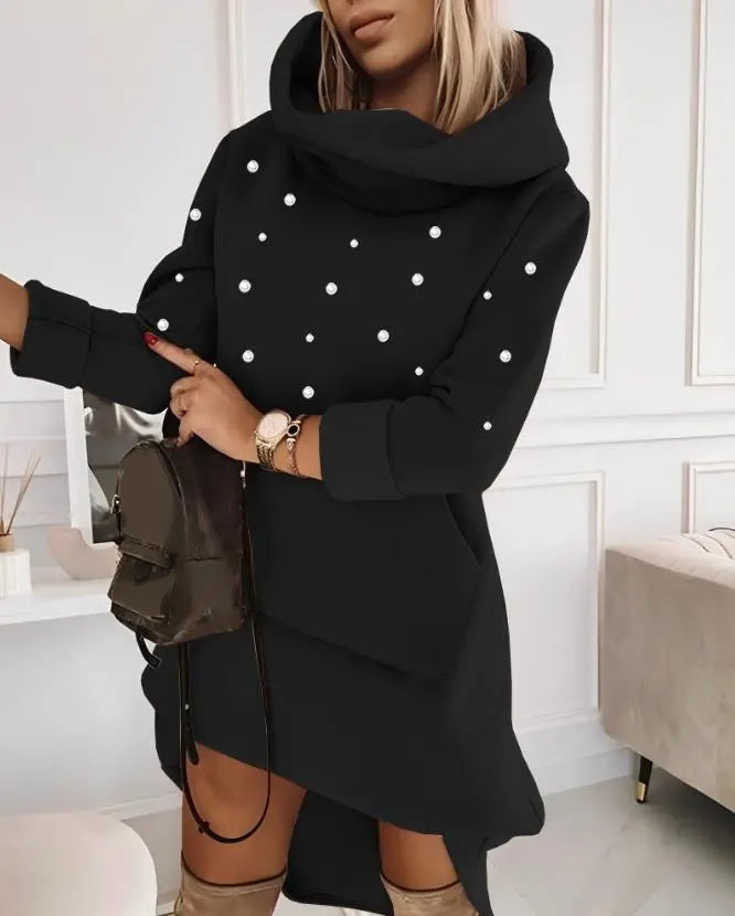 Elegant Dresses for Women Beaded Hooded Casual Sweatshirt Dress Autumn Winter Spring Fashion Casual Female Clothing