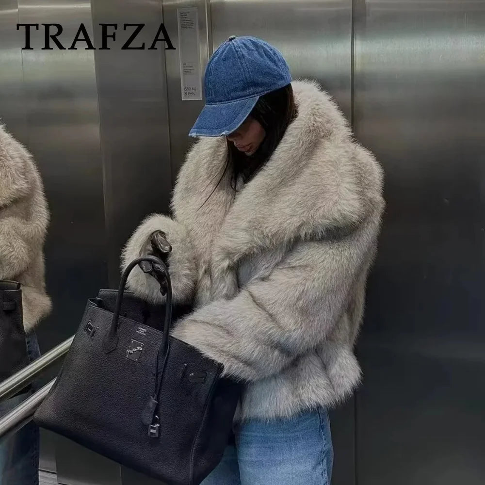 Autumn Winter Women Casual Faux Fur Jackets Fashion Streetwear Solid Oversized Turn Down Collar Elegant Thick Coats