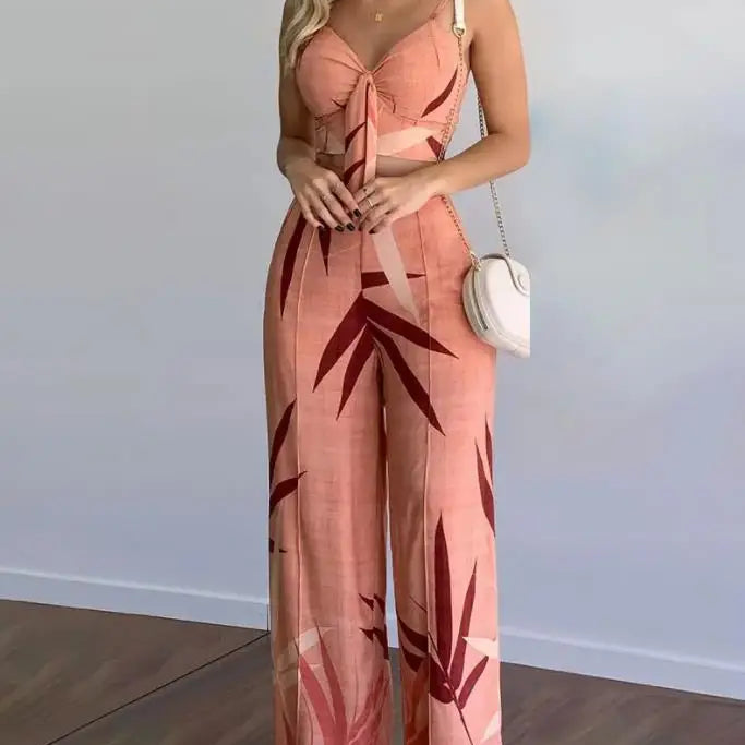 Summer New Women's Suit Sexy Sleeveless Backless Womens Outfits Leaf Print Crop Top & Wide Leg Pants Set Long Pants 2 Piece Sets