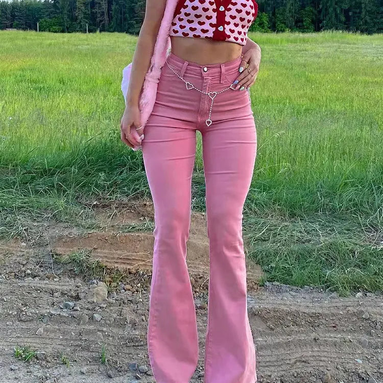 Streetwear Y2k Flared Jeans Women High Waist 90S Fashion Pink Stretch Baggy Mom Jeans Wide Leg Pants Elegant Denim Trousers 2023