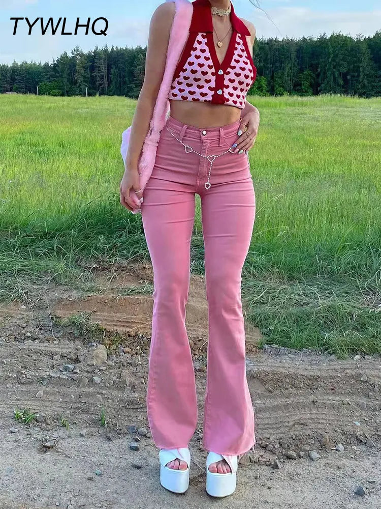 Streetwear Y2k Flared Jeans Women High Waist 90S Fashion Pink Stretch Baggy Mom Jeans Wide Leg Pants Elegant Denim Trousers 2023