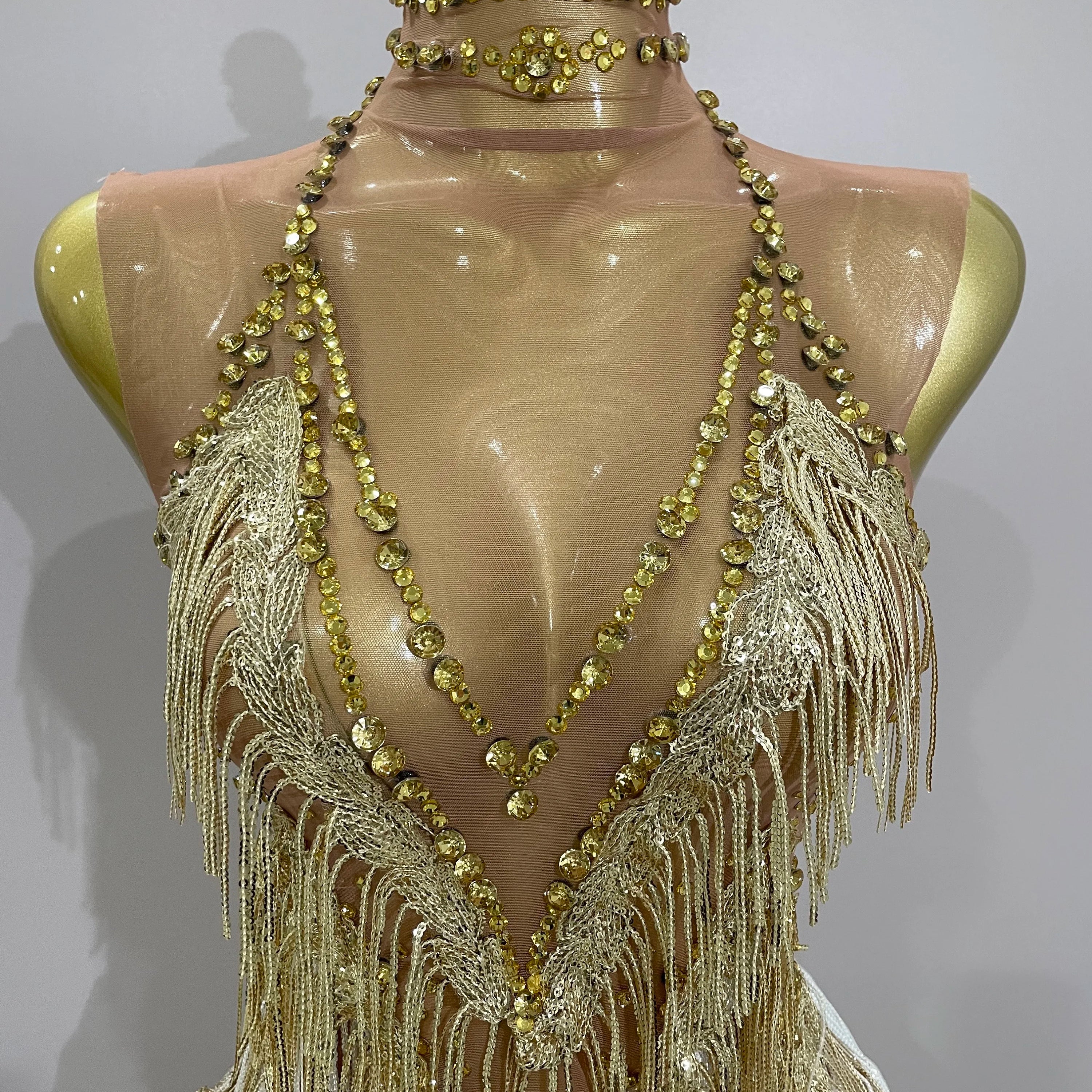 Stock 2025 Women Sexy Stretch Mesh Sparkly Rhinestone Tassels Mini Dress Nightclub Singer Dance Stage Costume Evening Gowns