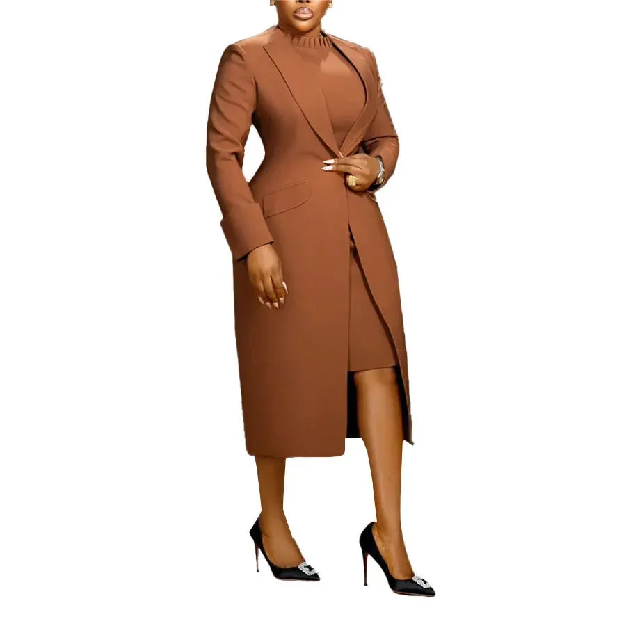 CM.YAYA Women's Set Full Sleeve Long Blazer Coat+ Long Dress Suit 2025 Winter Streetwear Two 2 Piece Set Africa OL Work Outfits
