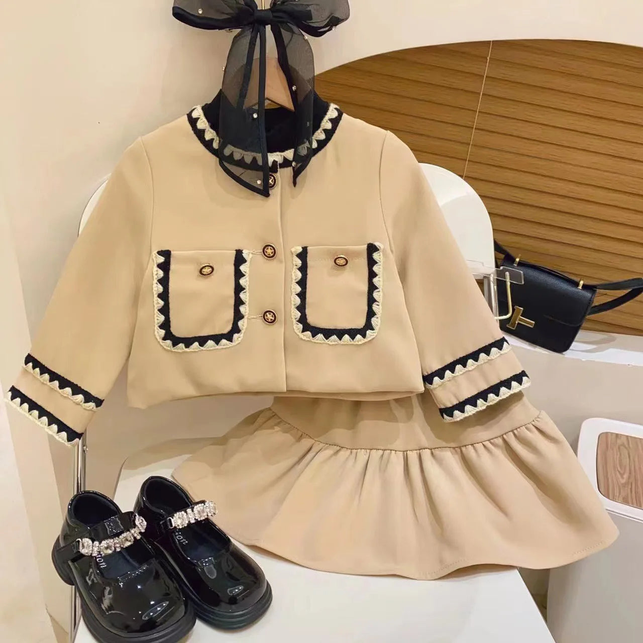 Girl 2 Piece Tweed Set Winter Suit Clothes for 1-10Years Children's Cotton Padded Jacket Coat+Skirt Kids Classic Outfits as picture 1