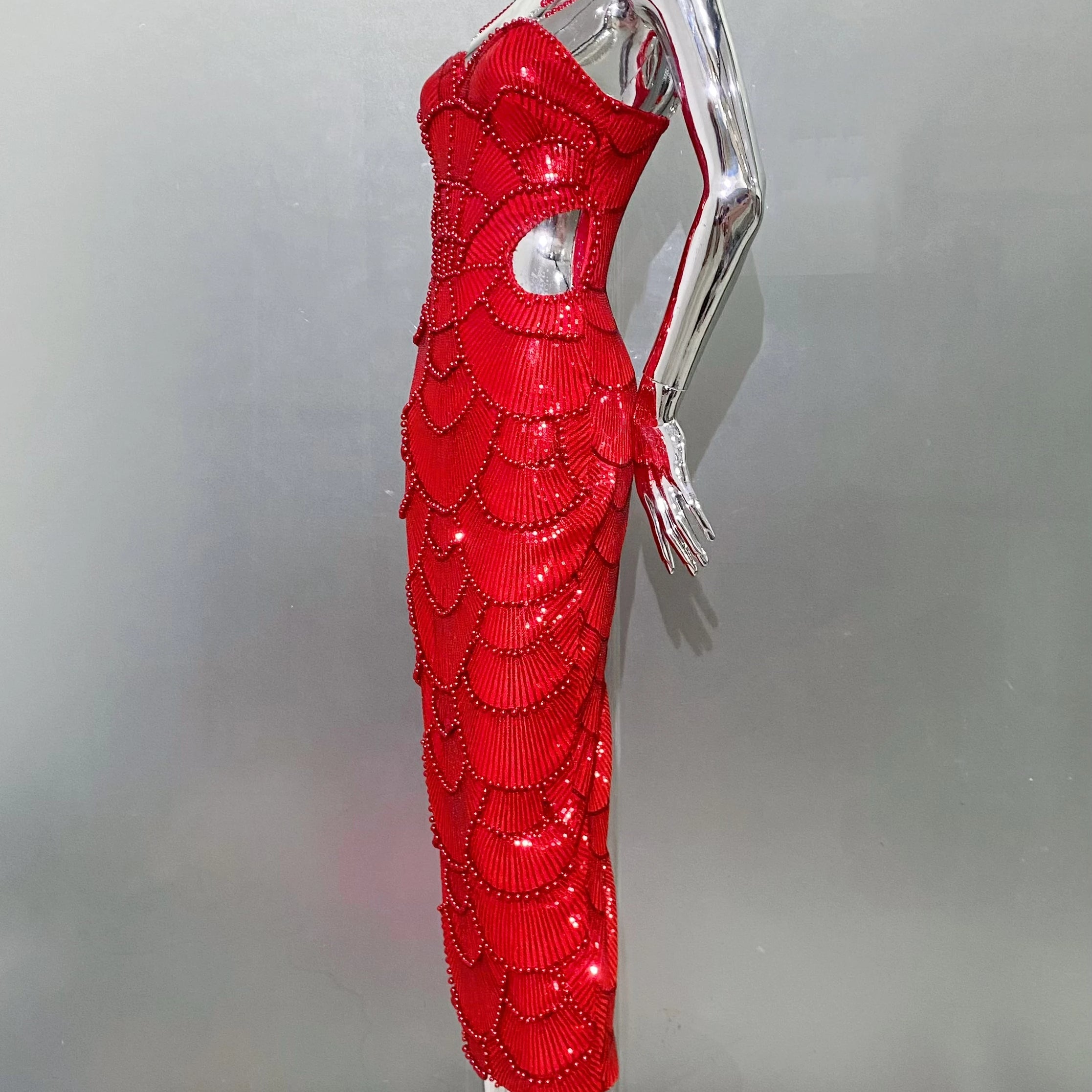 Red Color Women Sexy Strap Shinning Beading Sequins Bodycon Long Dress Celebrate Evening Party Cocktail Dress Wholesale
