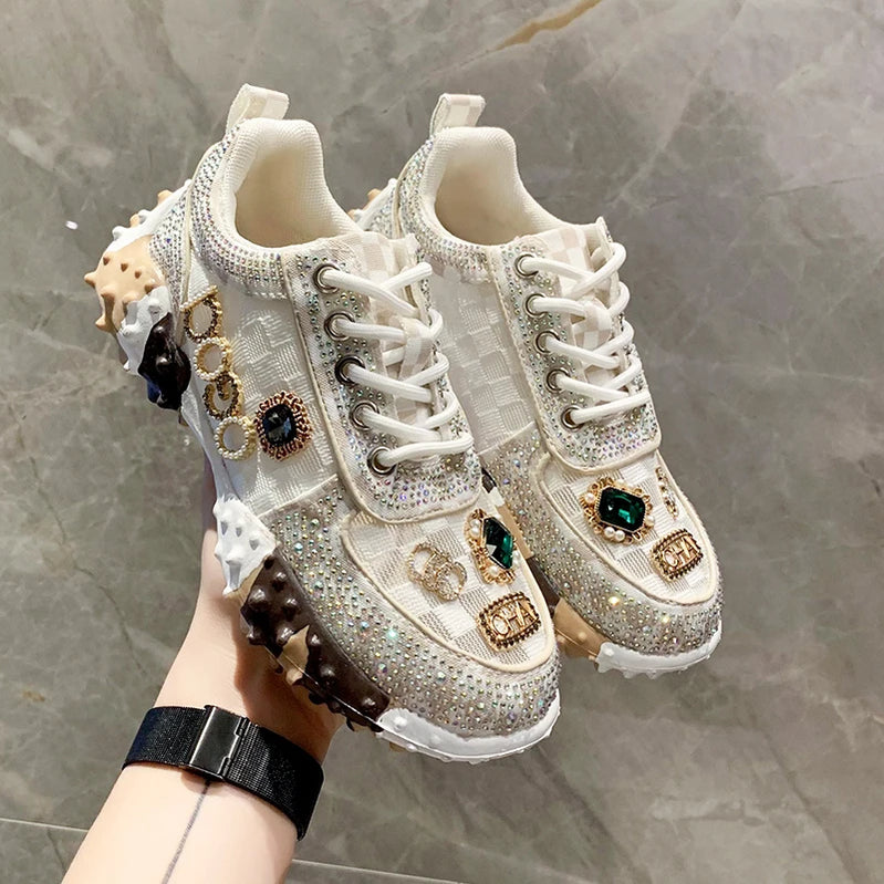 Women Casual Sneakers Luxury Designer Boots Rhinestone Diamond High-Top Thick Bottom Shoes Female Tennis Trainers Walking Shoes white low-top