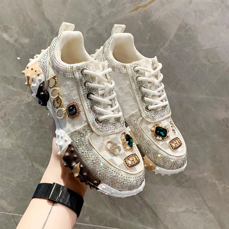 Women Casual Sneakers Luxury Designer Boots Rhinestone Diamond High-Top Thick Bottom Shoes Female Tennis Trainers Walking Shoes white low-top