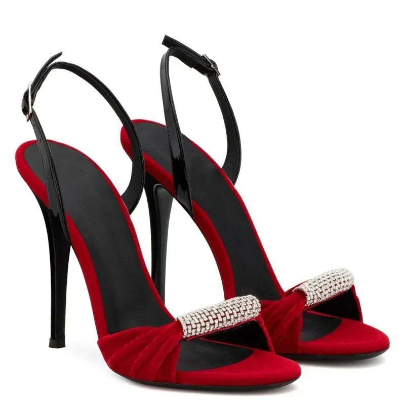 Red Rhinestones Velvet Heeled Sandals Shallow Back Strap High Heels Slip On Women Luxury Designer Shoes 2025 Open Toe Zapatos