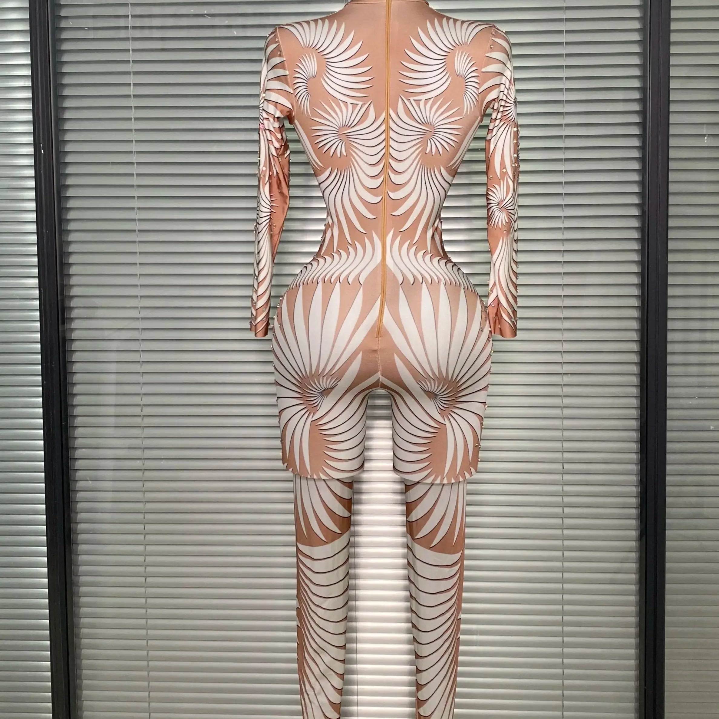 New 2025 Women Sexy Print Crystal Skin Bodycon Jumpsuit Celebrity Designer Stretchy Singer Dancer Night Club Rompers