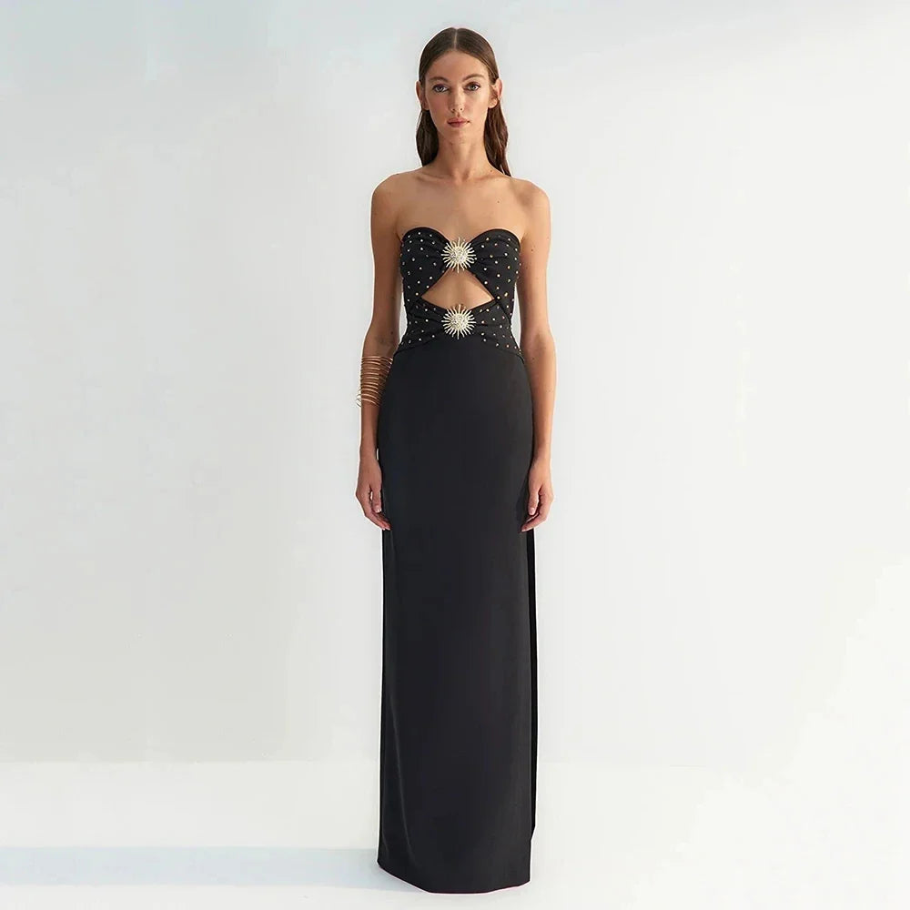 Ailigou New Summer Women's Sexy Strapless Hollow Diamond Tight Long High Split Bandage Dress Elegant Celebrity Party Dress black