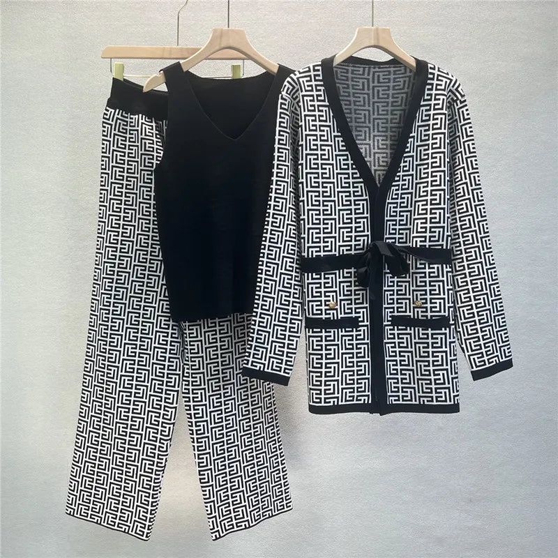 Autumn Winter Panelled Knitted Sets Fashion Long Sleeve V Neck Tie Knitwear+Wide Leg Pant+ Women OL Sweater Three Pieces Suits black One Size