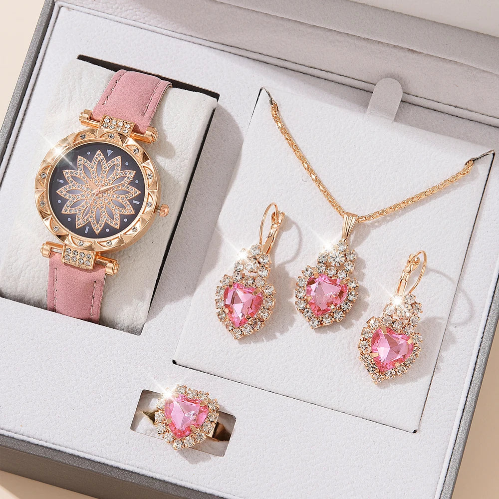 5pcs Set Watches Women Leather Band Ladies Watch Simple Casual Women's Analog WristWatch Bracelet Gift Montre Femme 5pcs set pink A