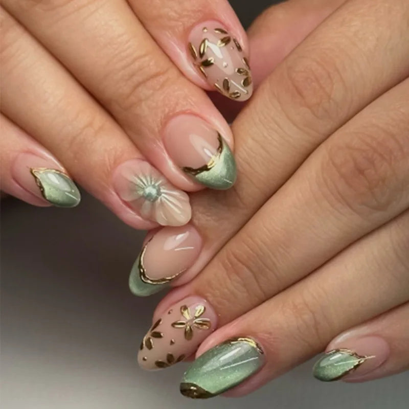 24Pcs Green French Press on Fake Nails with Almond Head Design 3D Flower Full Cover Nail Art Tips Short Round Head False Nails