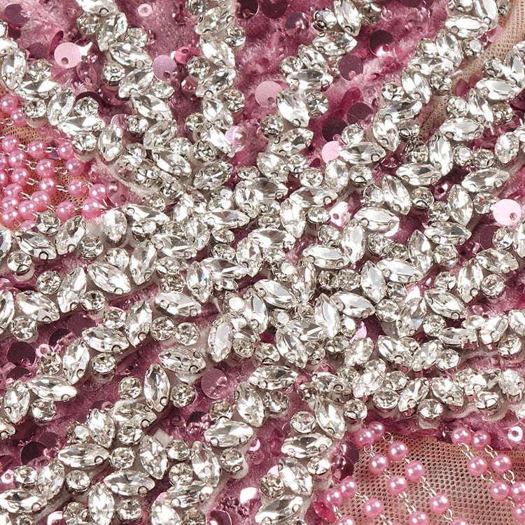 VC Pink Sparkly Sequins Long Dress Pearls Chains Design Off the Shoulder Long Sleeves Formal Occasion Mermaid Party Evening Gown