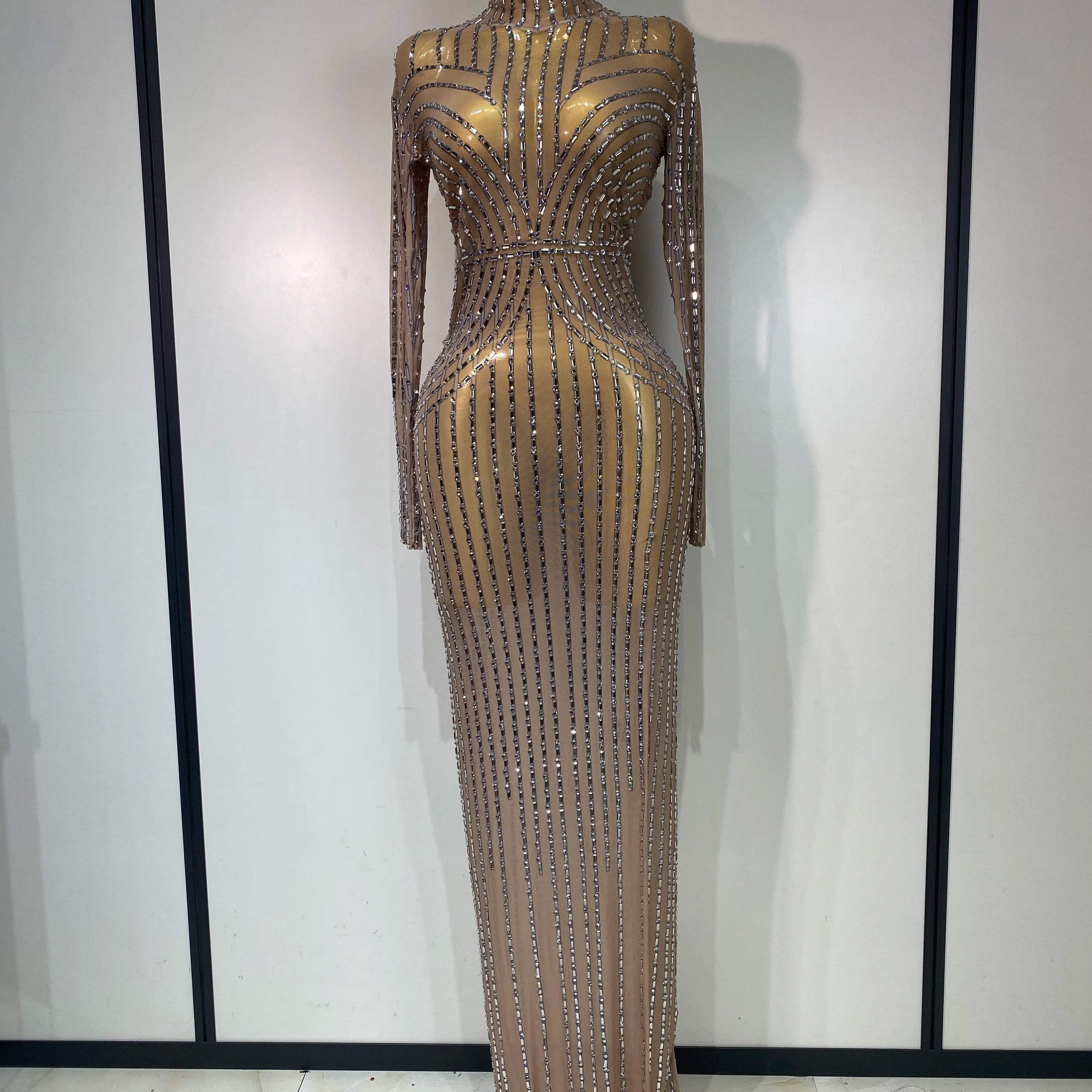 Sexy Long Sleeve Mesh See Through Gold Silver Maxi Dress Evening Party Singer Costume Stage Performance Luxury Birthday Dress