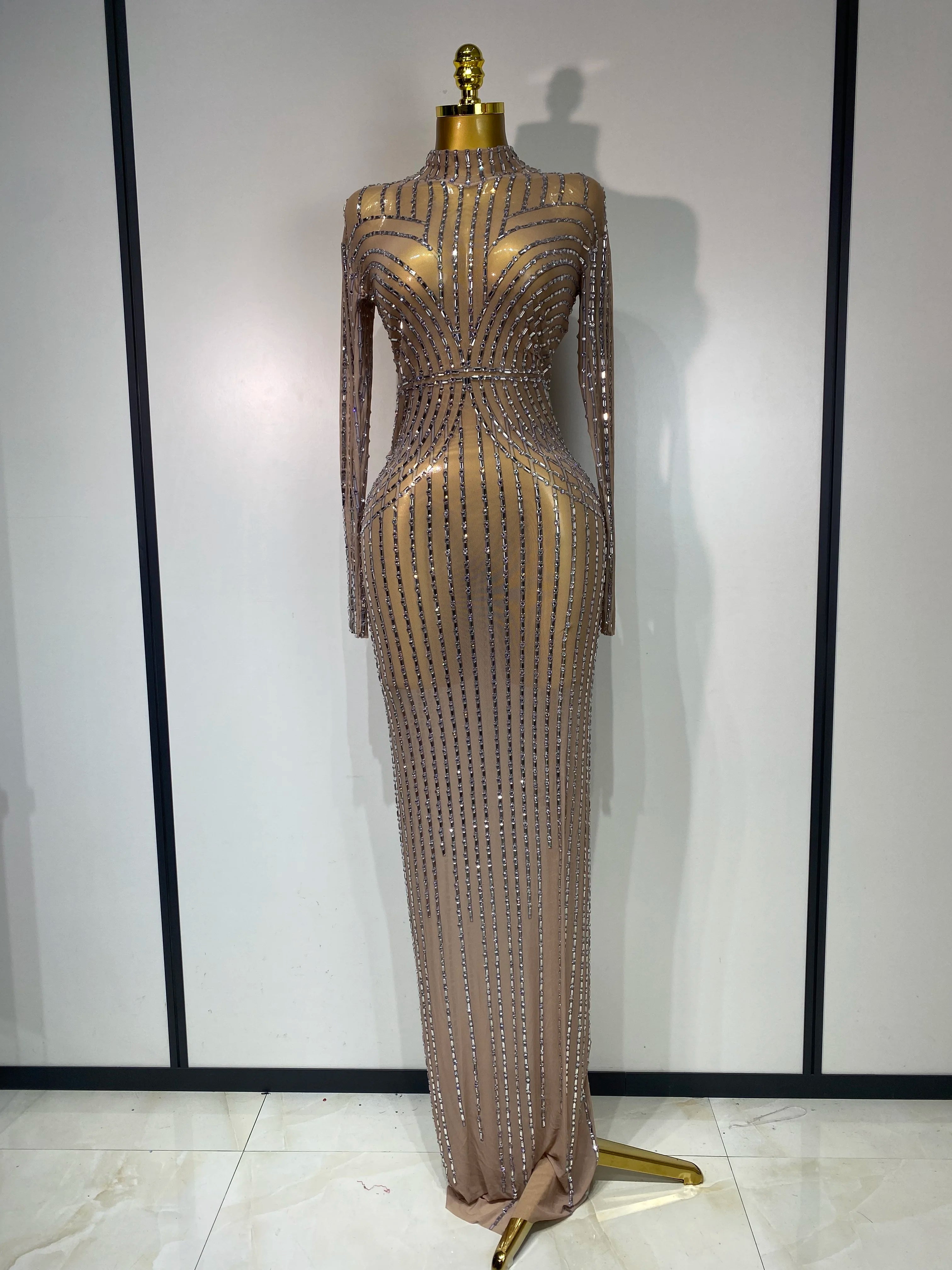Sexy Long Sleeve Mesh See Through Gold Silver Maxi Dress Evening Party Singer Costume Stage Performance Luxury Birthday Dress