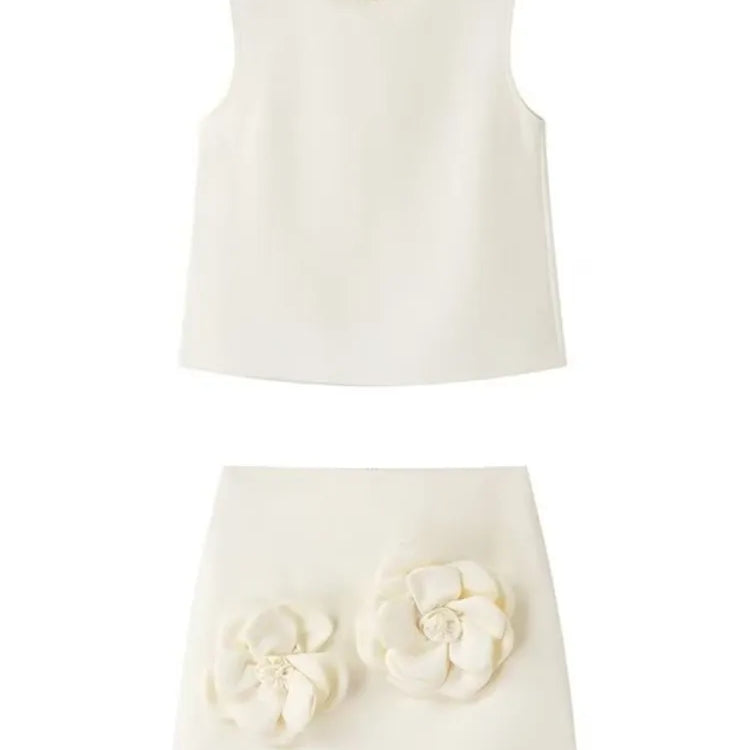 Aonibeier Y2K Extreme Short Women Mini Skirt Suits Traf Summer Flower Appliques Sleeveless Tanks Female Crop Top Sets White BG