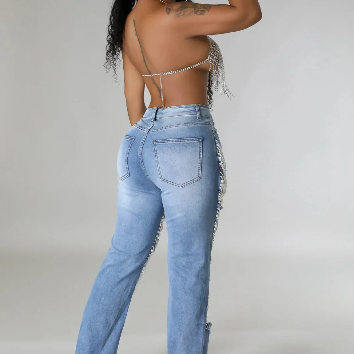 CM.YAYA Women Fashion Pearl Beading Ripped Hollow Out Tassel Wide Leg Jeans 2024 New Summer INS Street Denim Pants Trousers