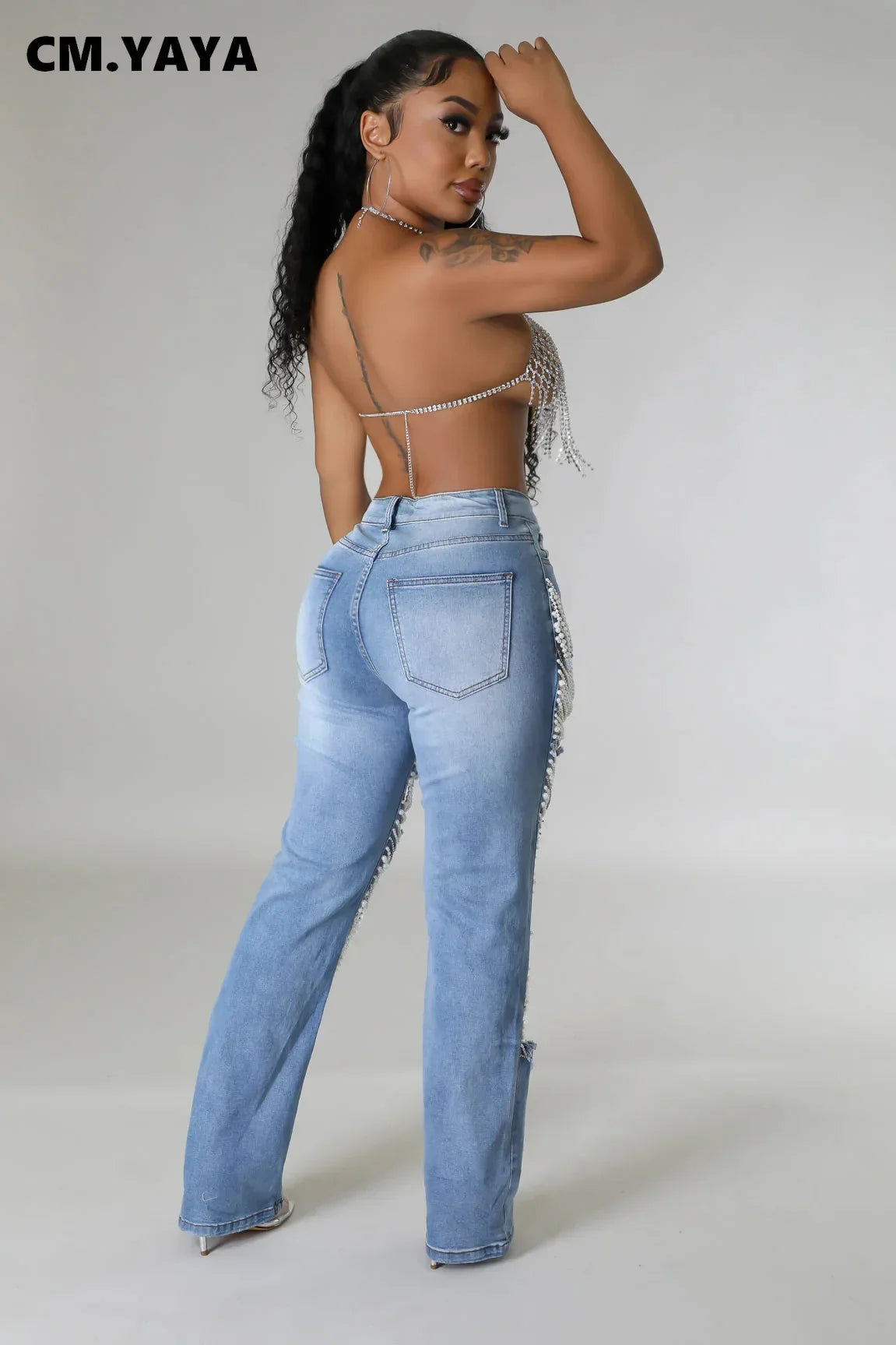 CM.YAYA Women Fashion Pearl Beading Ripped Hollow Out Tassel Wide Leg Jeans 2024 New Summer INS Street Denim Pants Trousers