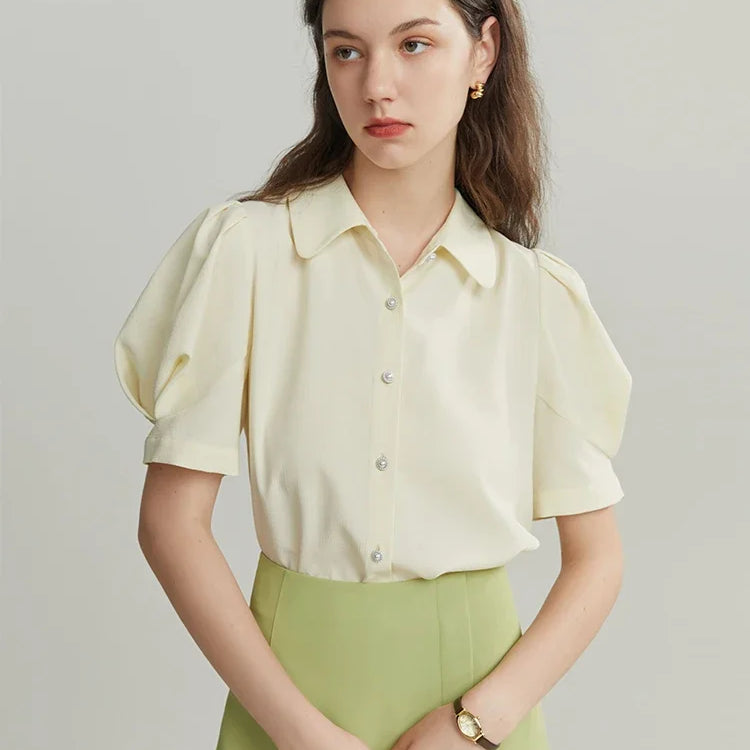 French Court Style Women Shirts Puff-sleeved Short Sleeve Elegant Vintage Casual Female Blouses Tops