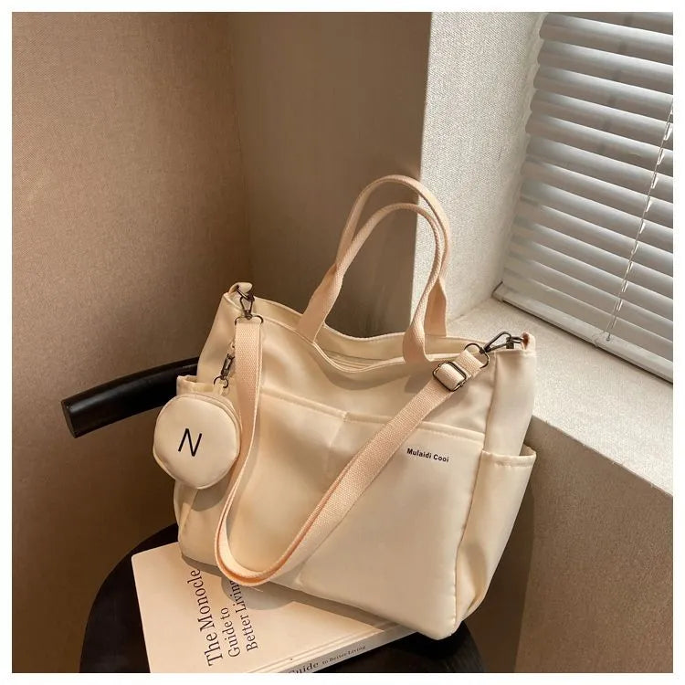 Waterproof Messenger Bag Women Preppy Student Satchels Nylon Shoulder Bag Beige