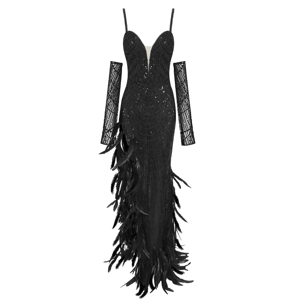 VC Black Pearls Long Dress Spaghetti Straps Sweetheart Neck Feathers Embellished Split Sequins Party Evening Gown With Gloves