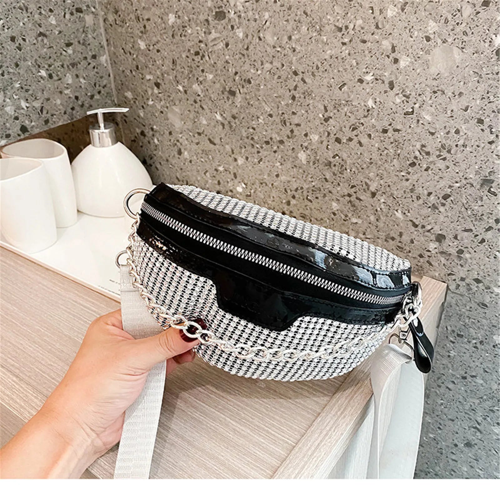 Personalized Small Waist Bags For Women Stylish Commuter Sequined Handbags Shoulder Strap Bag Lightweight Casual Shoulder Bag Black