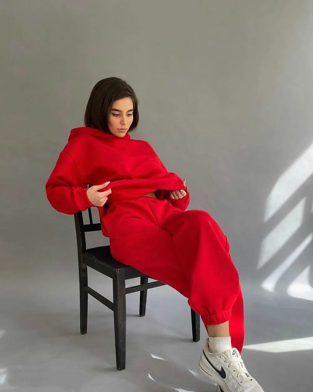 Fashion Women's Sports Two-Piece Autumn Hooded Long-Sleeved And Baggy Pants Fitness Set Solid Color Lady 2-Piece Suit Outfits Red