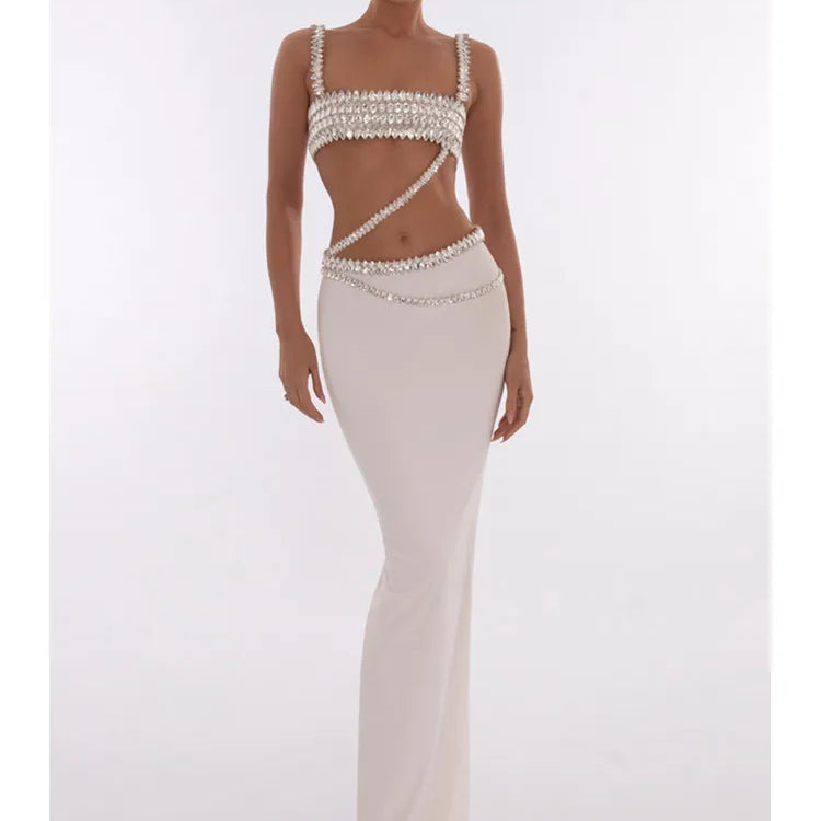 Women Summer Celebrity Sexy Beading Split Maxi Long White Bandage Skirt Set 2024 Knitted Elegant Evening Club Party Clothing