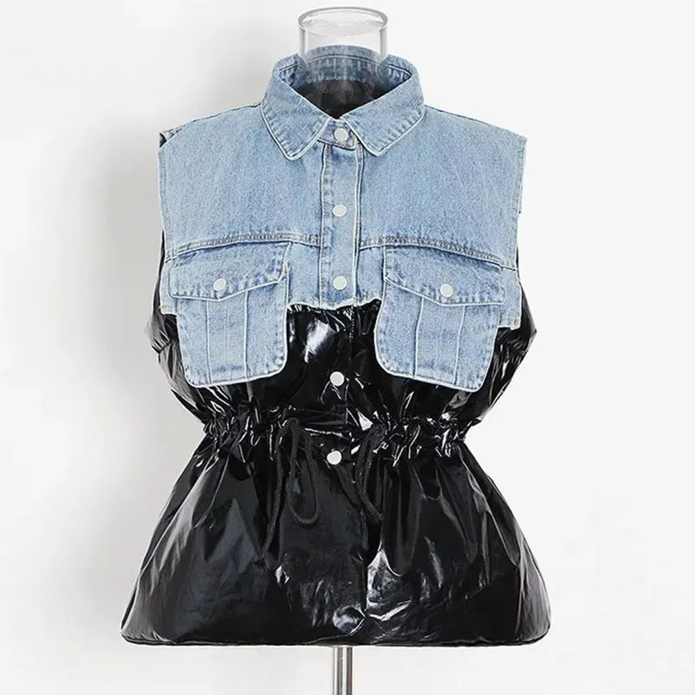 Fashion Patchwork Denim Parkas For Women Lapel Sleeveless Hit Color Spliced Pockets Chic Winter Thick Vest Female Clothing black One Size