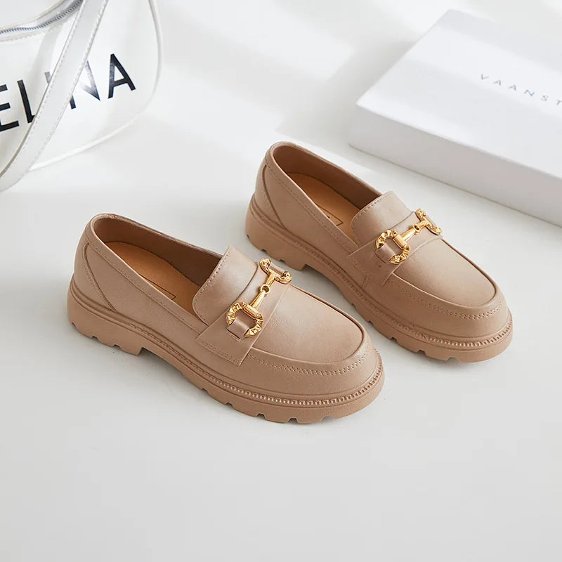 Loafers Women Shoes New In Fashion Luxury Designer Platform Thick Bottom Height Increasing Shoes Metal Chain Slip on Dress Shoes Khaki