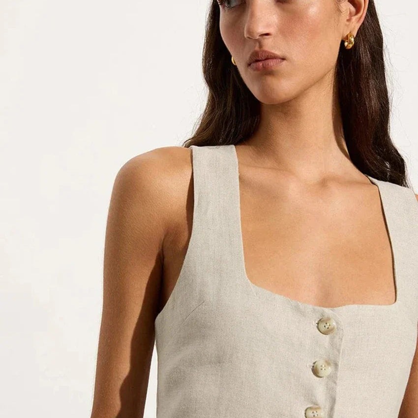 Clacive Summer Slim Khaki Linen 2 Piece Sets Women Outfit Fashion Sleeveless Tank Top With High Waist Pants Set Female