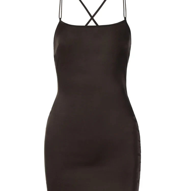 Satin Spaghetti Strap Elegant Draped Mini Dress Y2k Sexy Women Backless Bandage Sleeveless Club Dresses Bodycon Clothes Vestido Brown