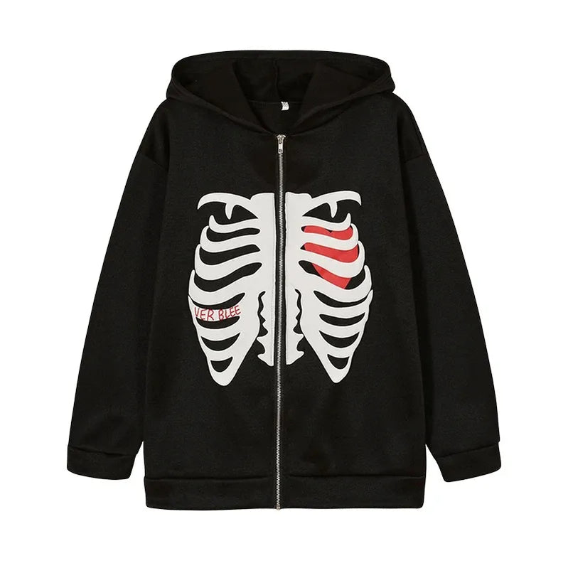Y2K Skeleton Hoodies Women Vrouwen Gothic Zwart Zip Up Oversized Sweatshirt Dames Retro Harajuku Capuchon Streetwear Tops