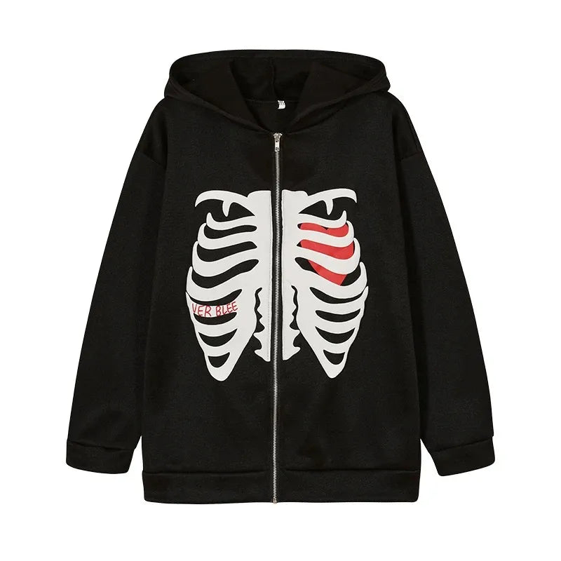 Y2K Skeleton Hoodies Women Vrouwen Gothic Zwart Zip Up Oversized Sweatshirt Dames Retro Harajuku Capuchon Streetwear Tops