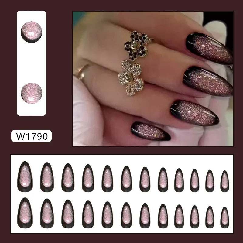 24pcs Shiny Green Cat Eye False Nails Cute Seal Print Fake Nails Tips Wearable Reusable Glossy Short Round Press on Nails