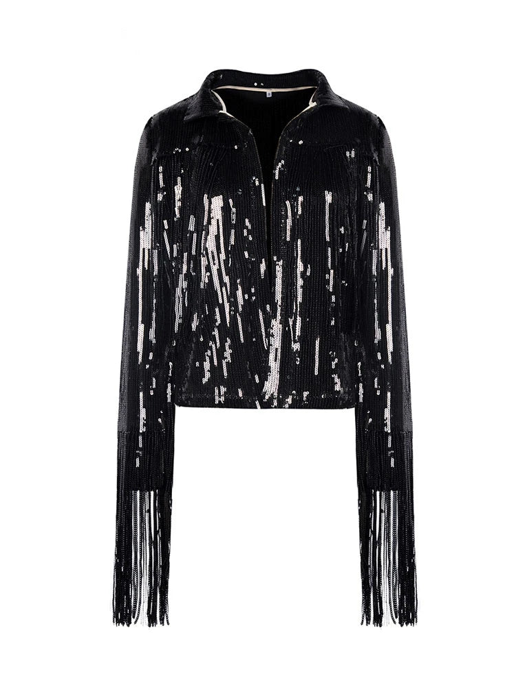 Reflective Tassel Sequin Jacket Women Outwear Tops Retro Long-sleeved Coat Summer Autumn Streewear New Female Jackets Black One Size