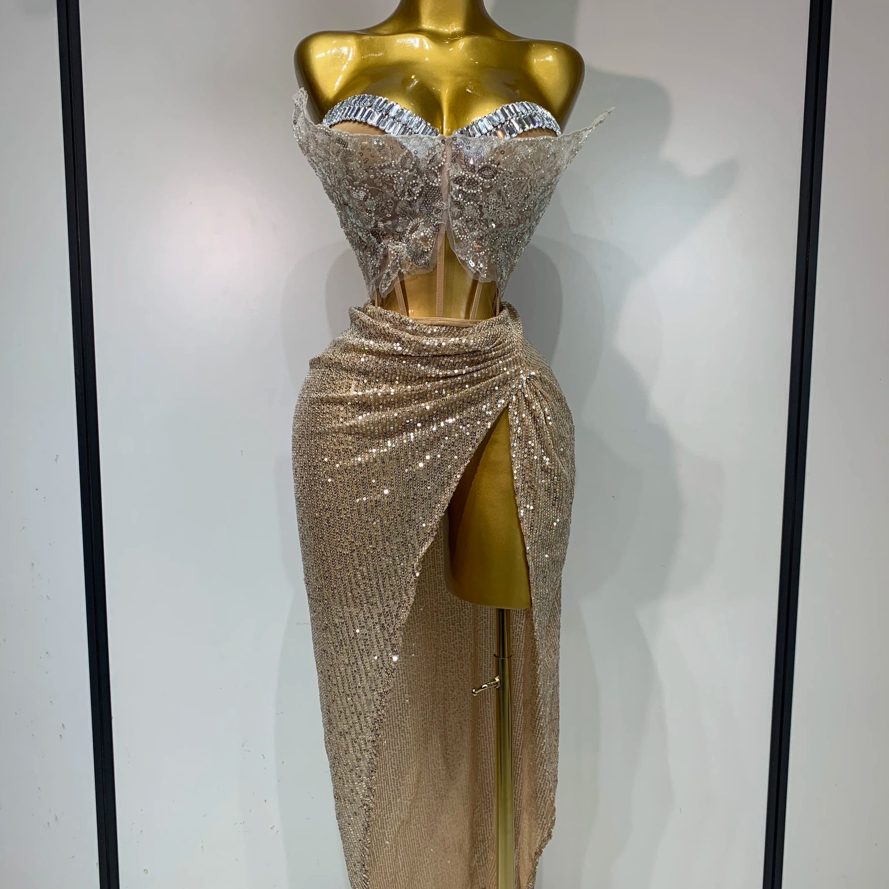 Women Sexy Singer Dancer Performan Costume Night Club Bar Girl Sparkly Sequins Diamond Party Two Piece Set Evening 0utfit