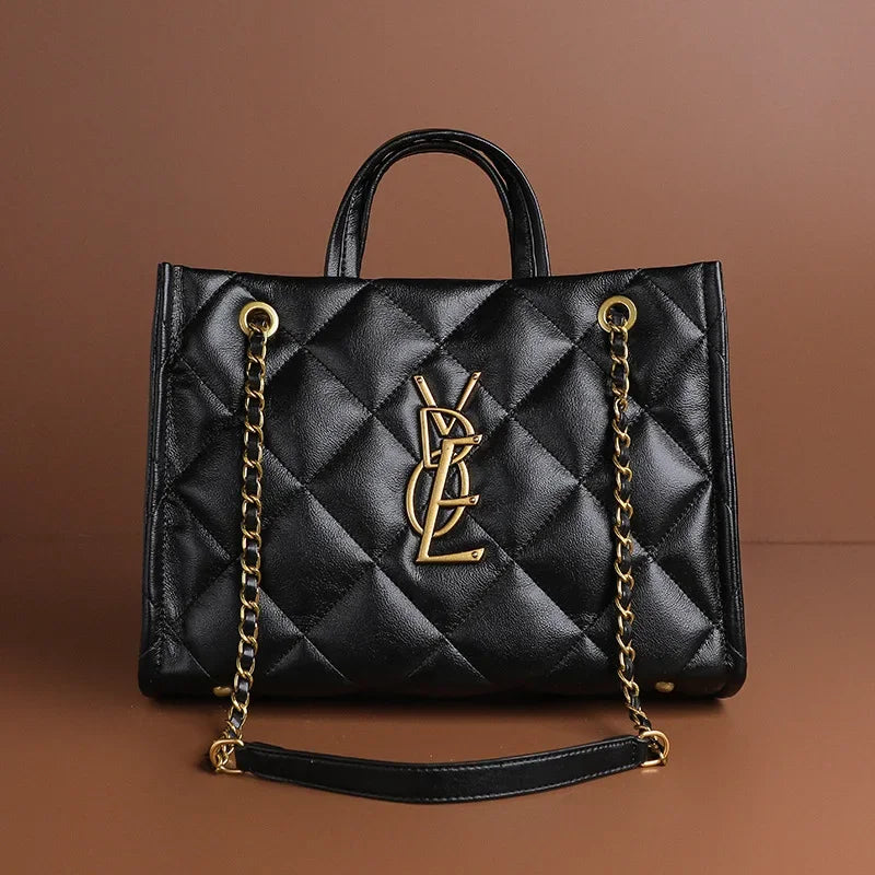 2025 New Women Genuine Leather Quilted Chain Tote Bag, Large Capacity Crossbody Sling Chic Shoulder Purse for Work and Travel