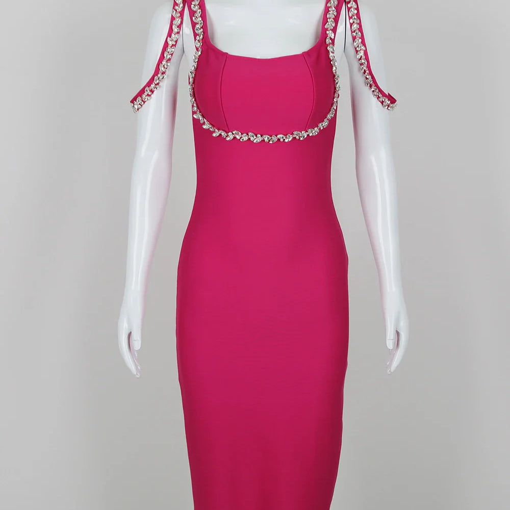 Factory Wholesale Women's Rose Red Spaghetti Strap Diamond Tight Sexy Celebrity Cocktail Party Bandage Dress Rose Red