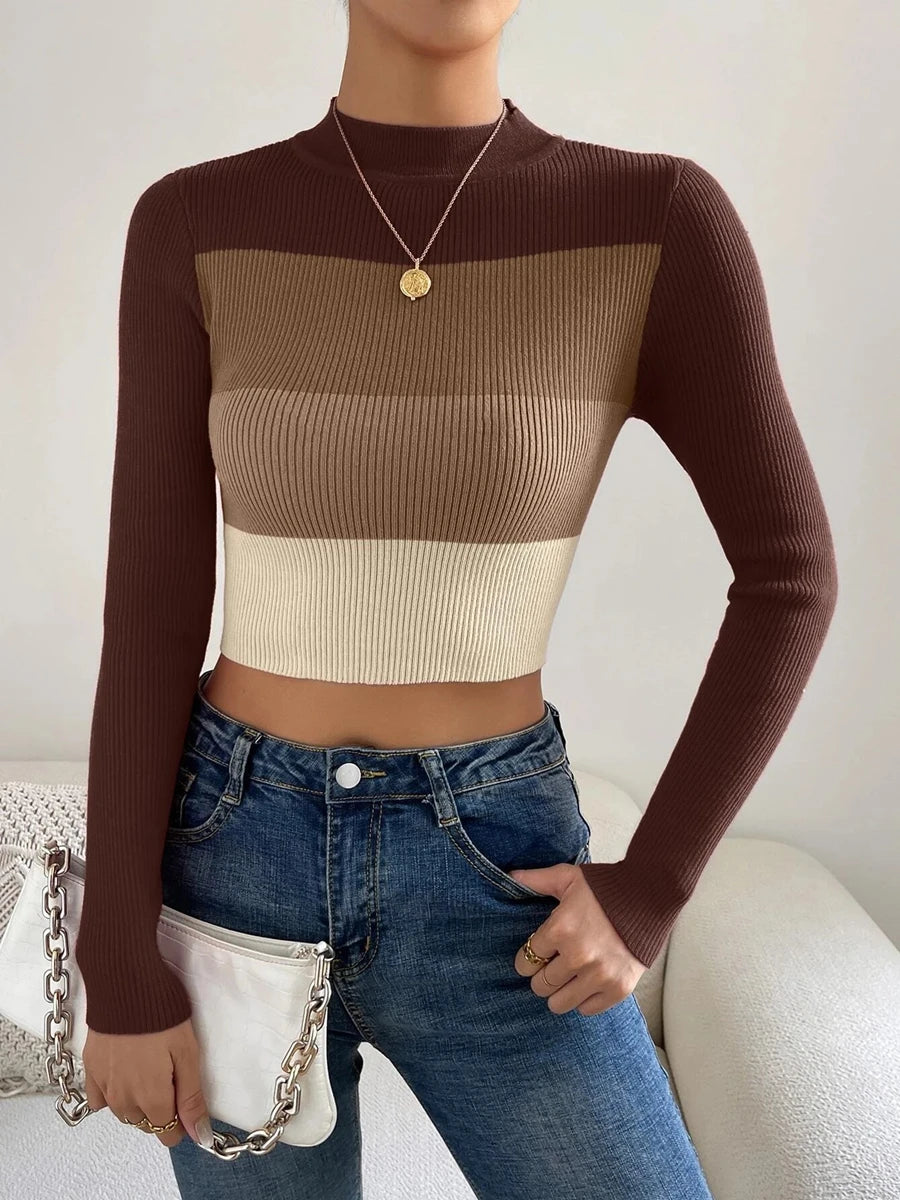 Spring Women Crop Colorblock Turtleneck Ribbed Long Sleeve Pull Sweater Femme Knitwear Jumper Outfits Pullovers Coffee One Size