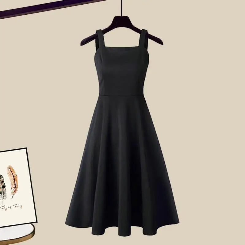 Women's Dress Set Spring Summer Fashion Bubble Sleeve Shirt+Suspended Skirt Two Piece Korean Elegant New Matching Set Black Dress