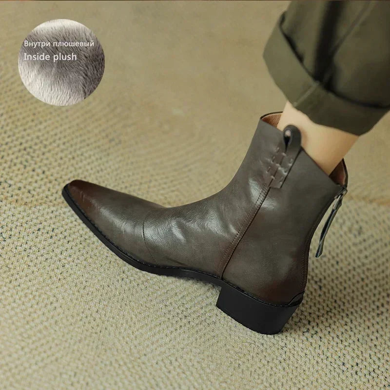 Autumn/winter Women Boots Genuine Leather Western Boots Women Shoes Pointed Toe Chunky Heel Chelsea Boots Retro Ankle Boots Gery-with fleece