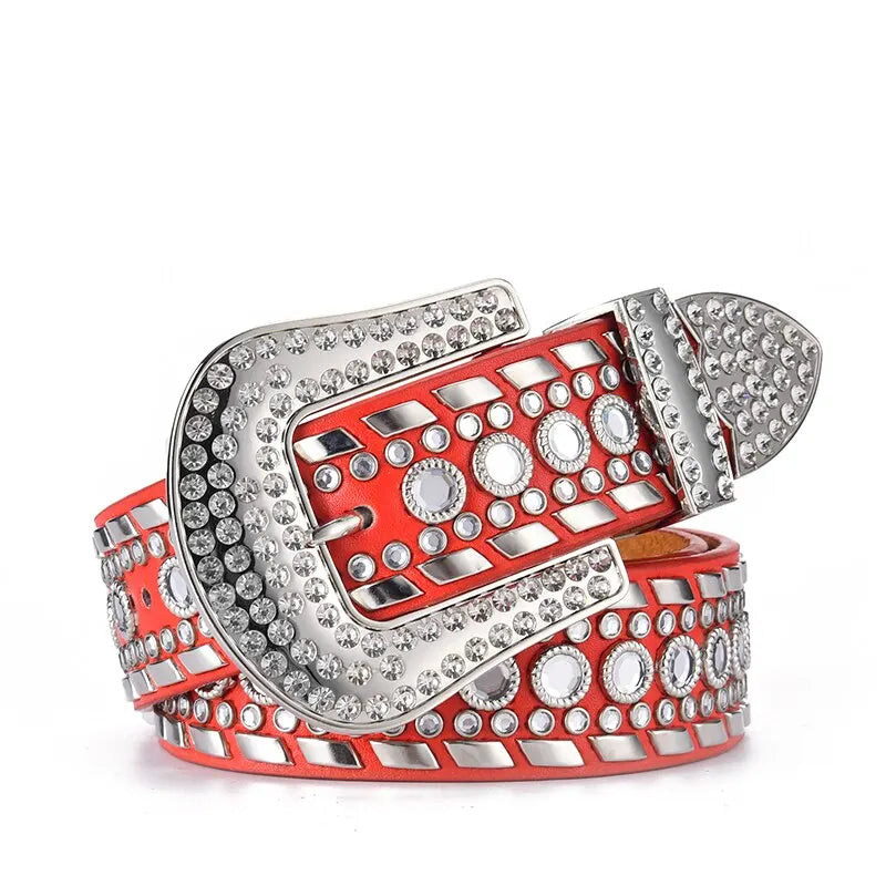 Women's Jeans Rhinestone Large Waistband Western Jeans Shiny Rivet Design PU Leather Artificial Rhinestone Waistband Hip Hop Pun 110cm Red